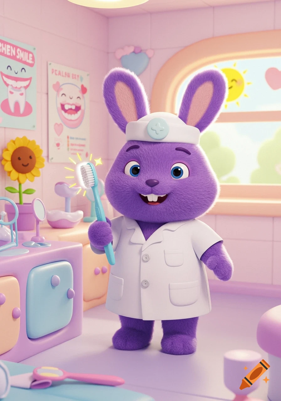 A cute, fluffy purple rabbit dentist wearing a white coat and cap, holding up a sparkling toothbrush in a pastel dental office.
