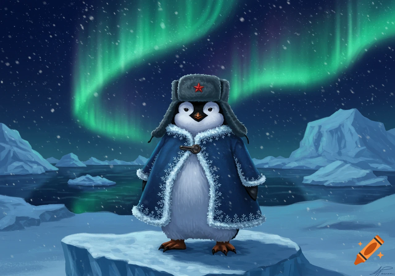 A cute cartoon penguin wearing a blue fur-trimmed coat and a grey ushanka with a red star stands on an icy platform under the green aurora borealis.