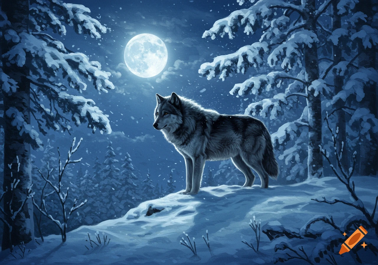 A majestic grey wolf stands on a snowy hill in a moonlit winter forest ...