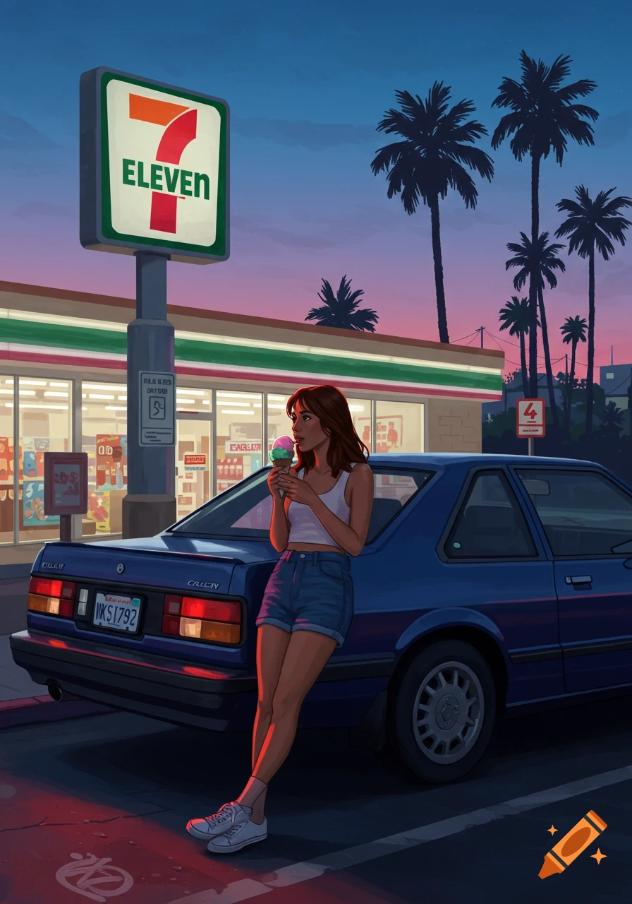 A stylized illustration of a young woman leaning against a blue car, eating ice cream in front of a 7-Eleven at sunset, with palm trees in the background.
