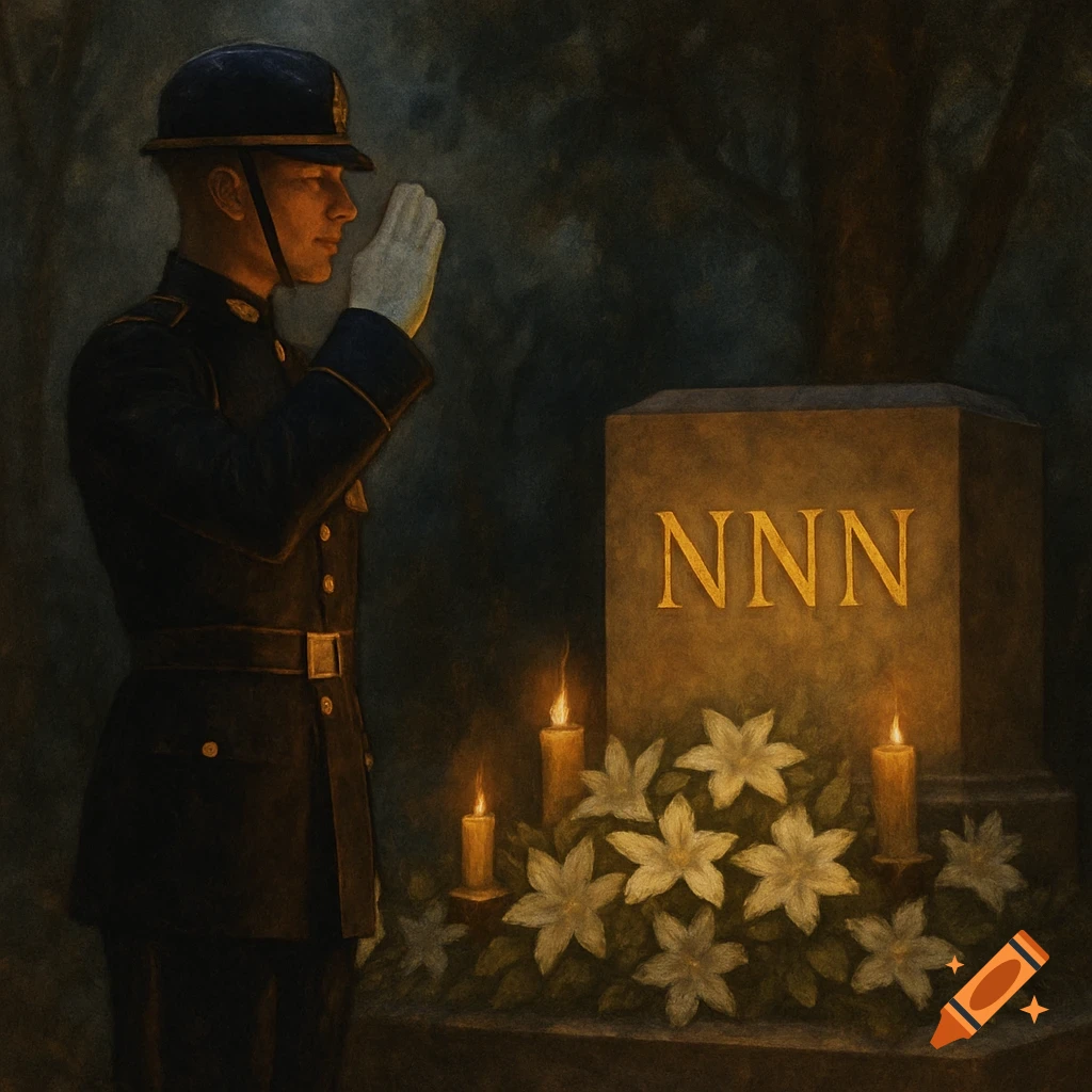 A uniformed man salutes a tombstone with 'NNN', surrounded by candles and white flowers, in a solemn painting.
