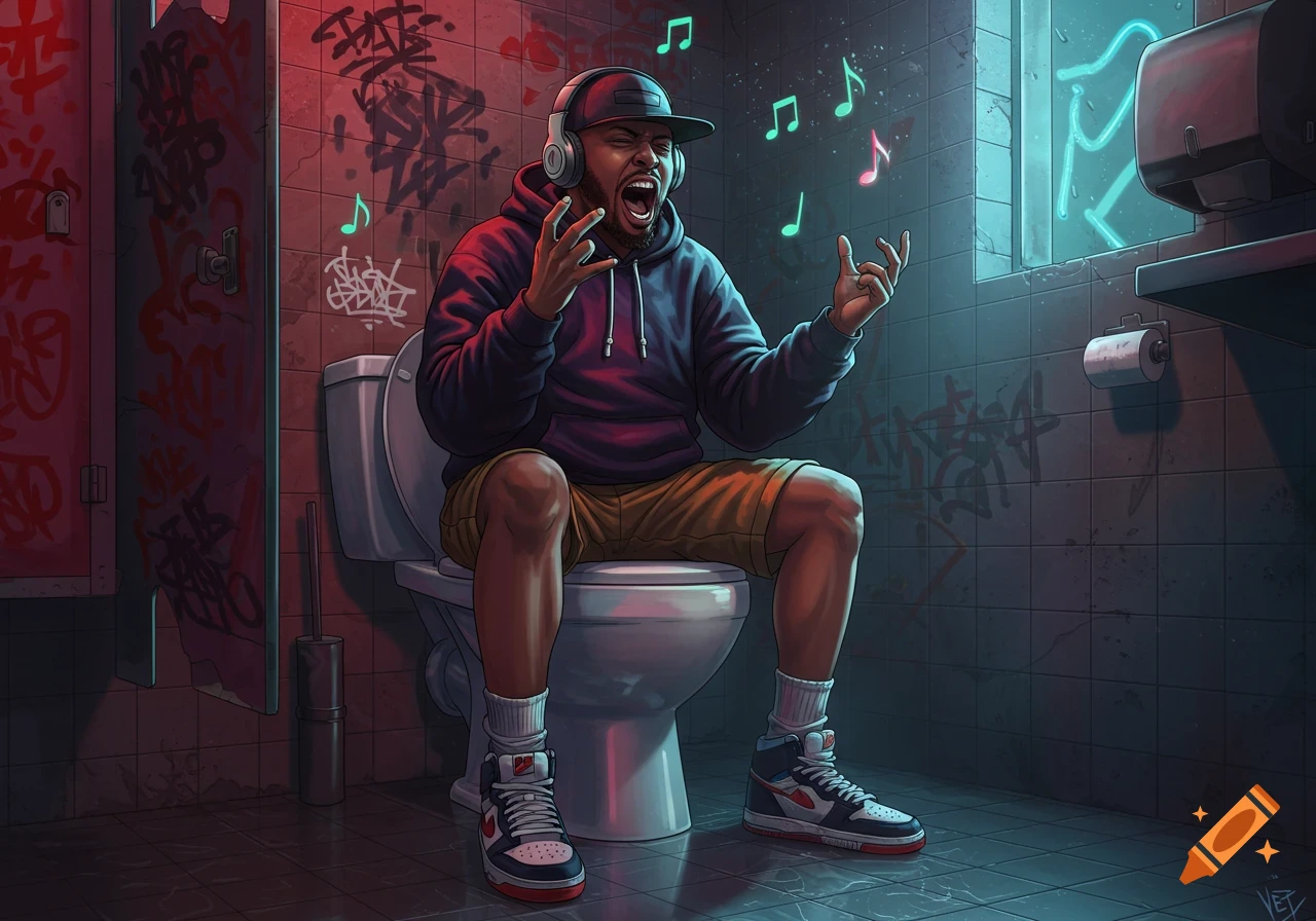 Stylized illustration of a man with headphones rapping on a toilet in a neon-lit, graffiti bathroom with musical notes.