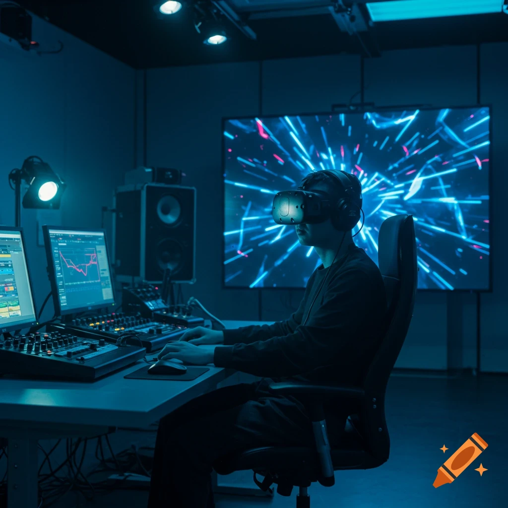 A person wearing a VR headset and headphones sits at a desk with audio mixing equipment and computers, looking at a large screen displaying abstract blue and pink light trails in a dark studio.