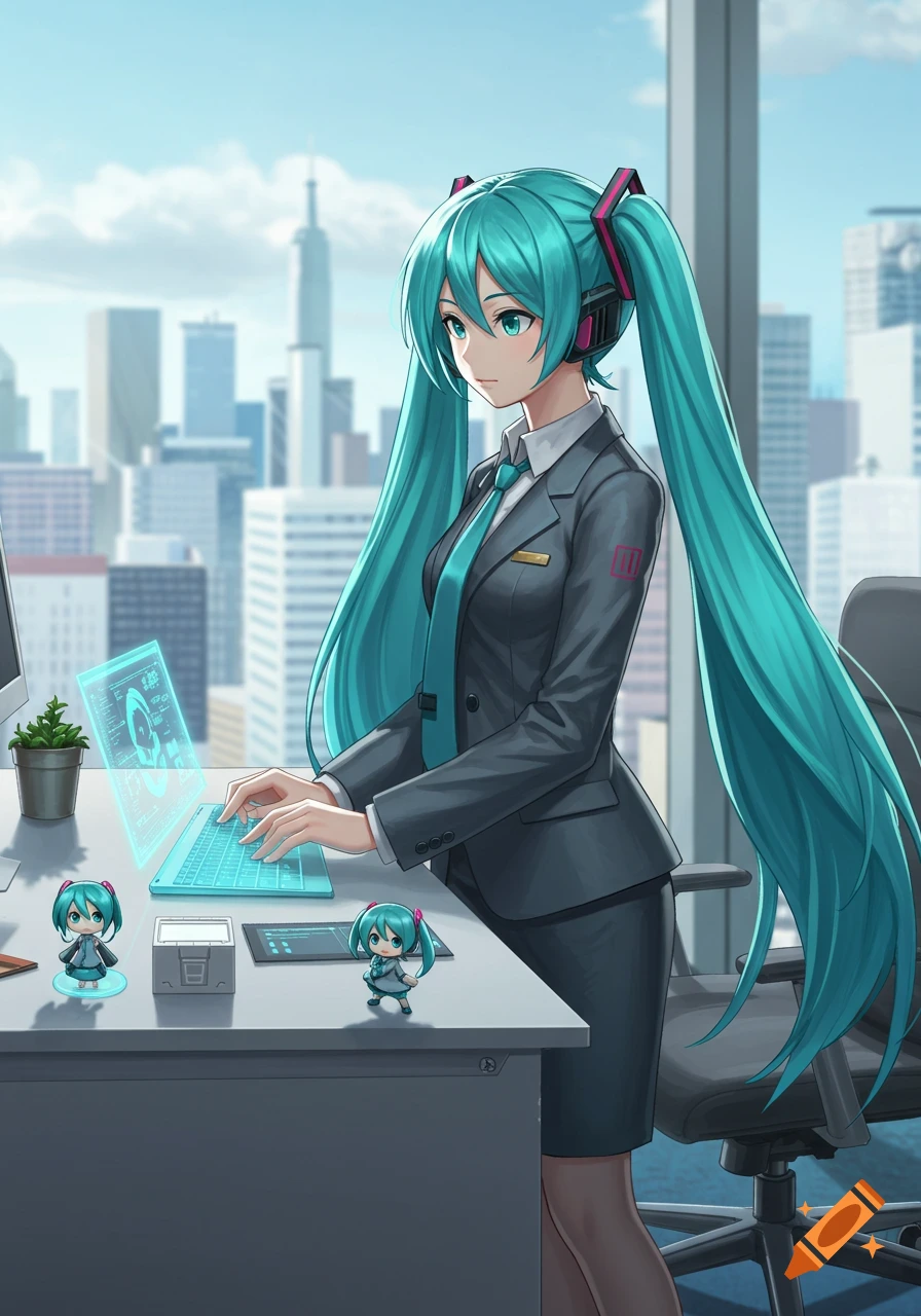 Hatsune Miku, an anime character with long turquoise pigtails, works on a holographic keyboard in a modern office overlooking a cityscape.