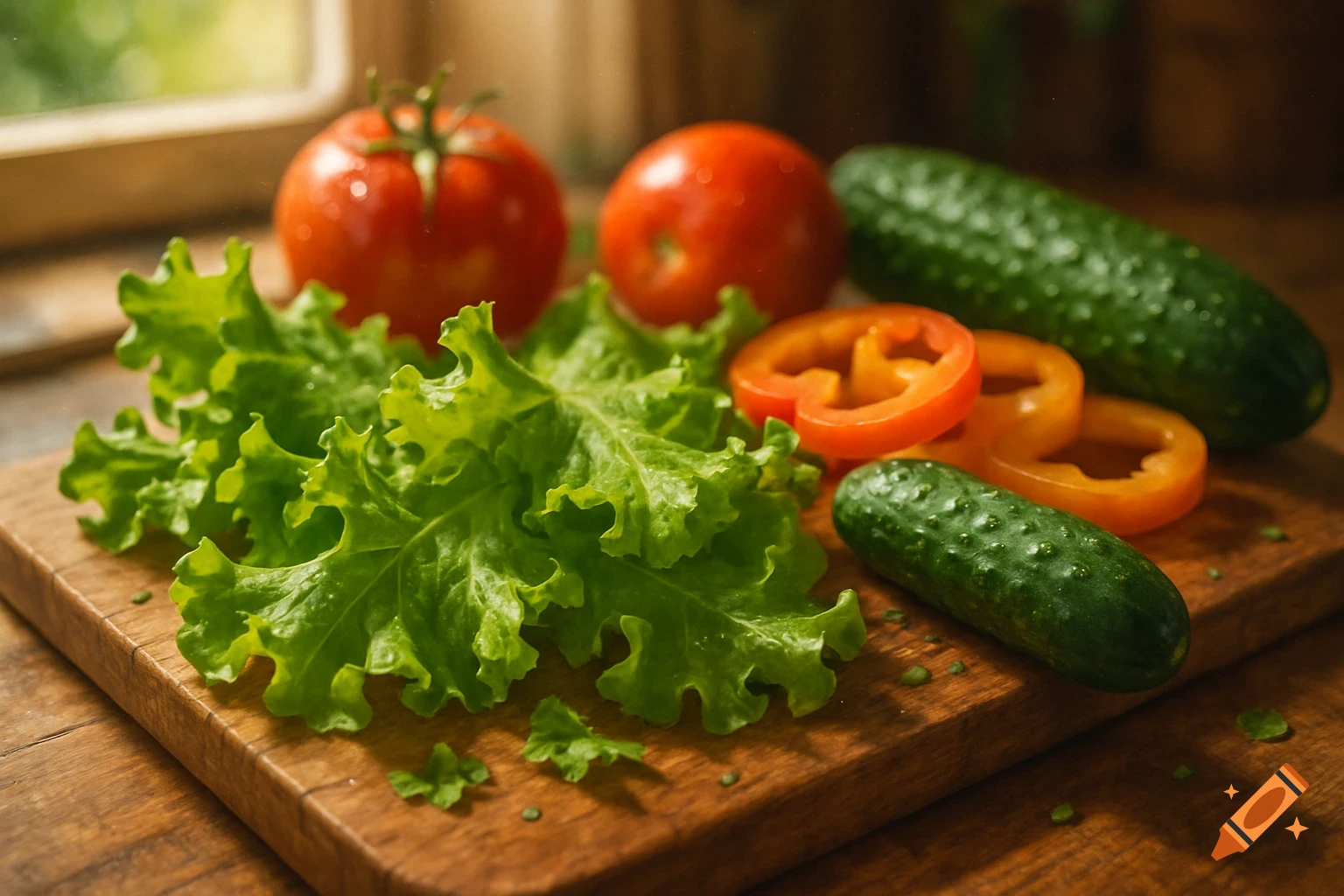 Fresh green lettuce, red tomatoes, sliced orange bell peppers, and cucumbers on a wooden cutting board.