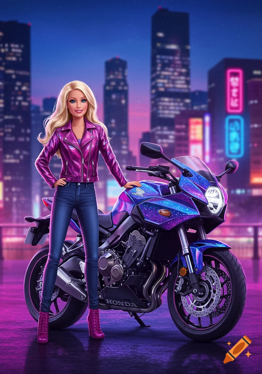 Barbie in a pink jacket and jeans poses next to a galaxy-patterned Honda motorcycle in a neon-lit city at night, digital art.