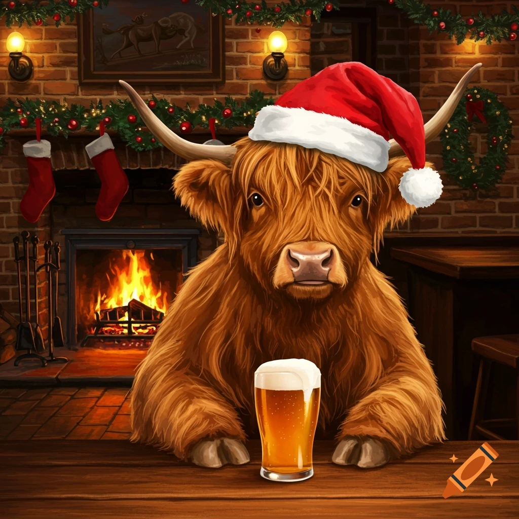 A fluffy Highland cow in a Santa hat at a pub bar with a beer, by a Christmas-decorated fireplace. Realistic style.