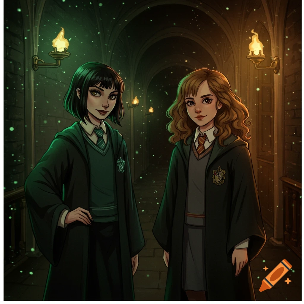 Two animated young women in school robes, one Slytherin and one Gryffindor, stand in a dimly lit magical corridor.