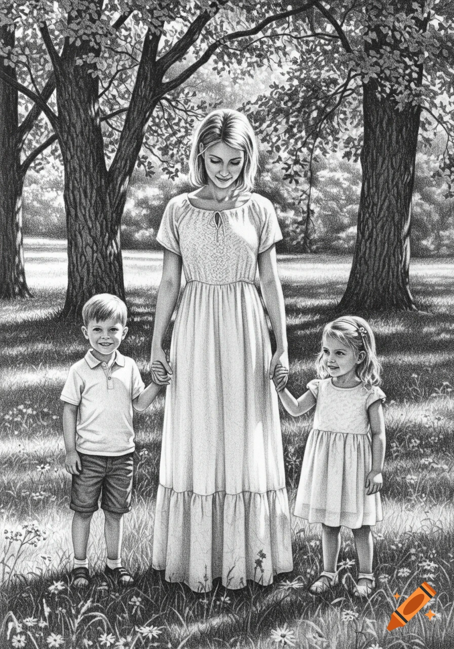Pencil drawing of a mother holding hands with her son and daughter in a park.