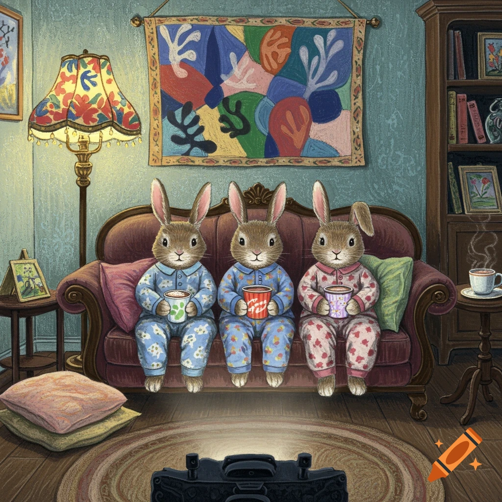 Three friendly rabbits in colorful pajamas sit on a couch, holding mugs, and watching a movie in a cozy living room, in a pastel chalk Matisse style.