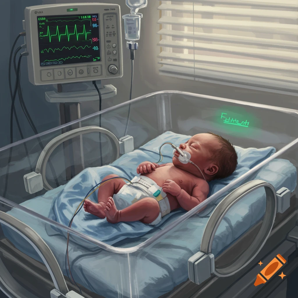 A newborn baby sleeps in an incubator in a hospital intensive care unit, connected to an ECG monitor displaying a green waveform.