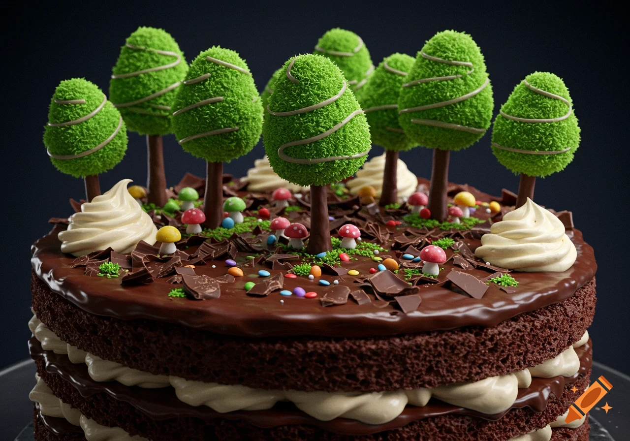 A rich Black Forest cake adorned with green candy trees, colorful mushroom candies, chocolate shavings, and sprinkles, creating a forest scene.