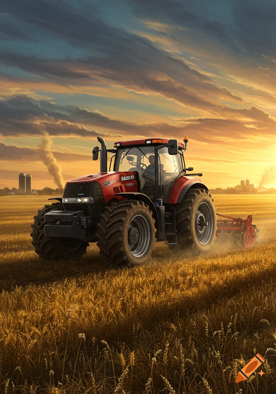 A red Case IH tractor plows a golden field at sunset, with distant silos under a dramatic sky.
