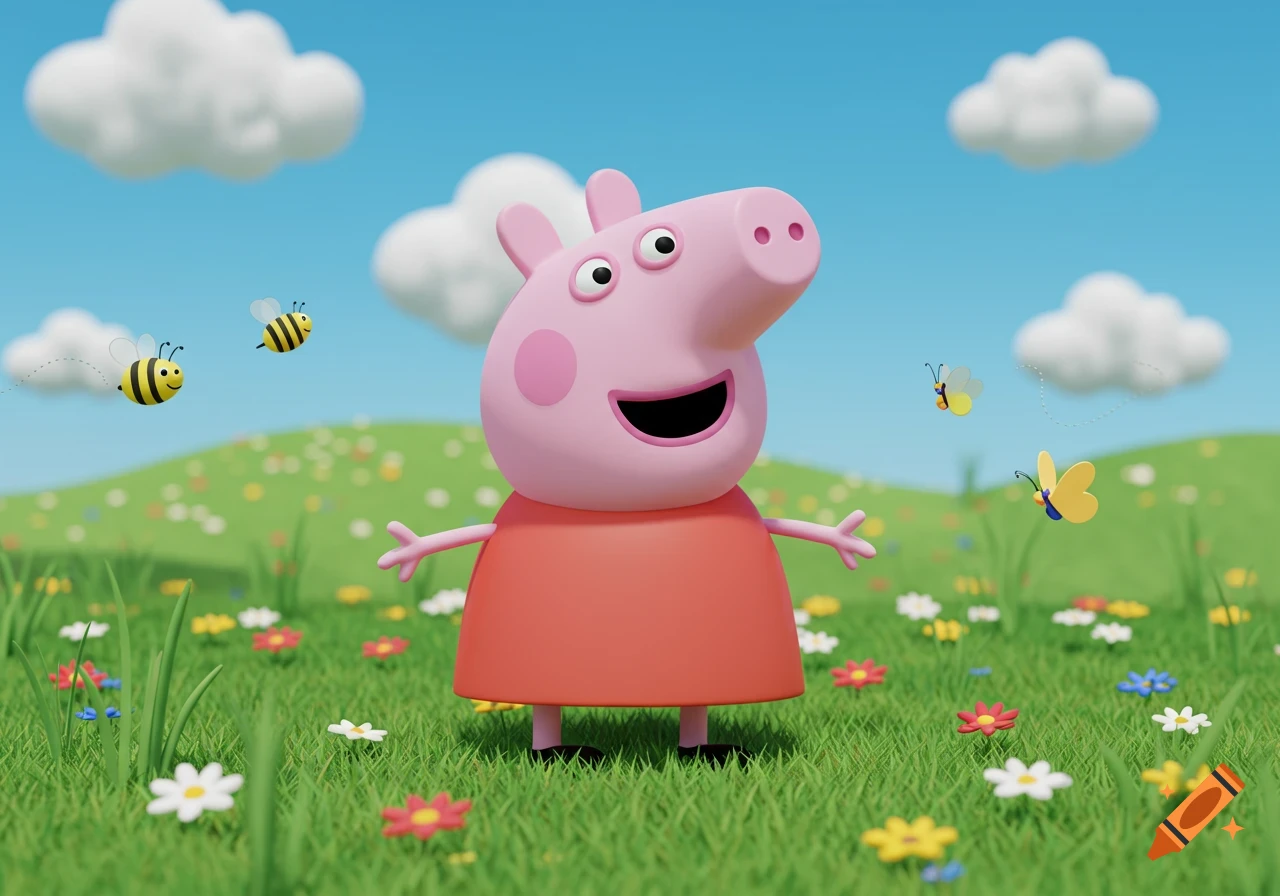 A 3D rendered Peppa Pig stands smiling in a vibrant green field filled with colorful flowers under a bright blue sky with white clouds, with bees and butterflies flying around.