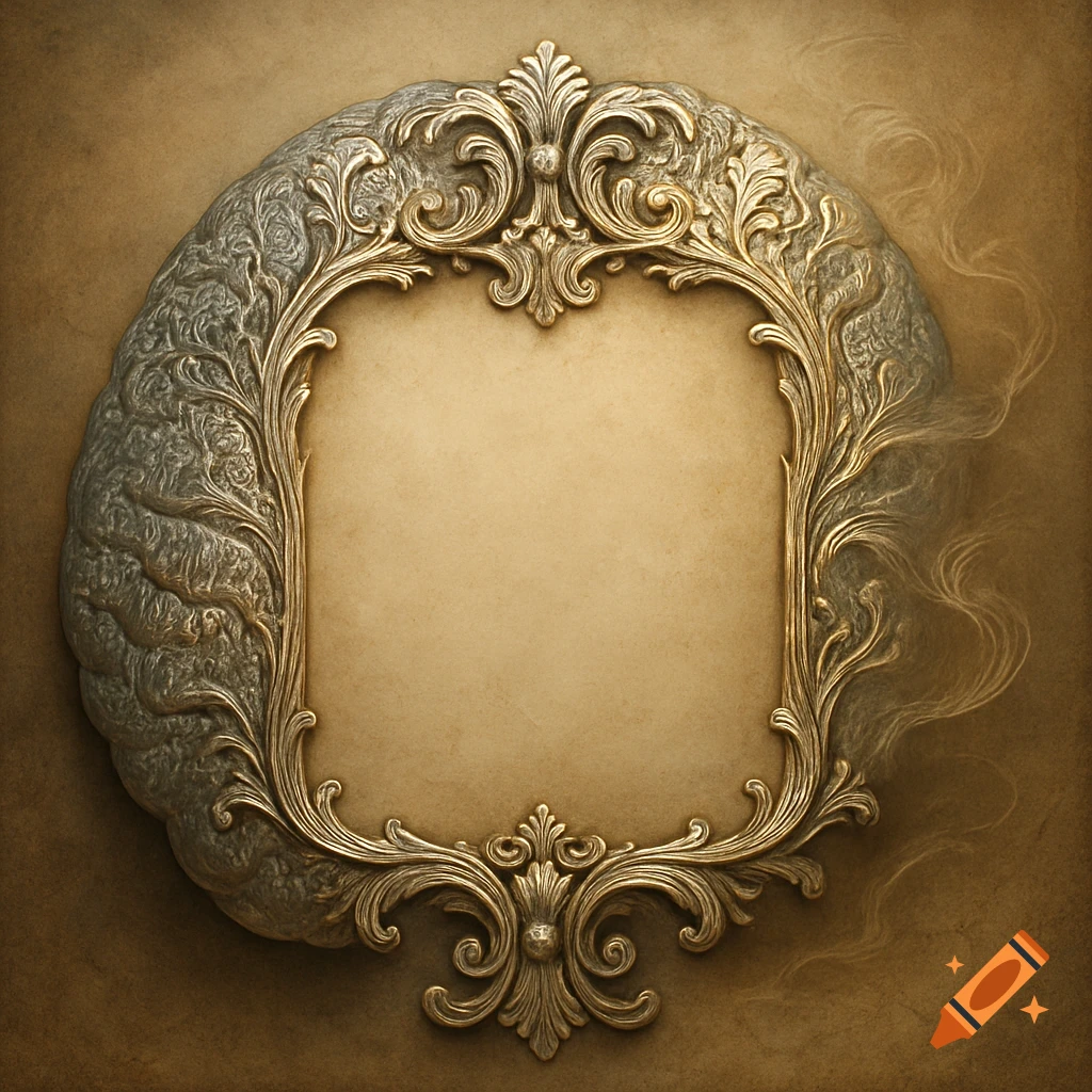 An ornate golden frame with a human brain motif on a brown background, centered for text.