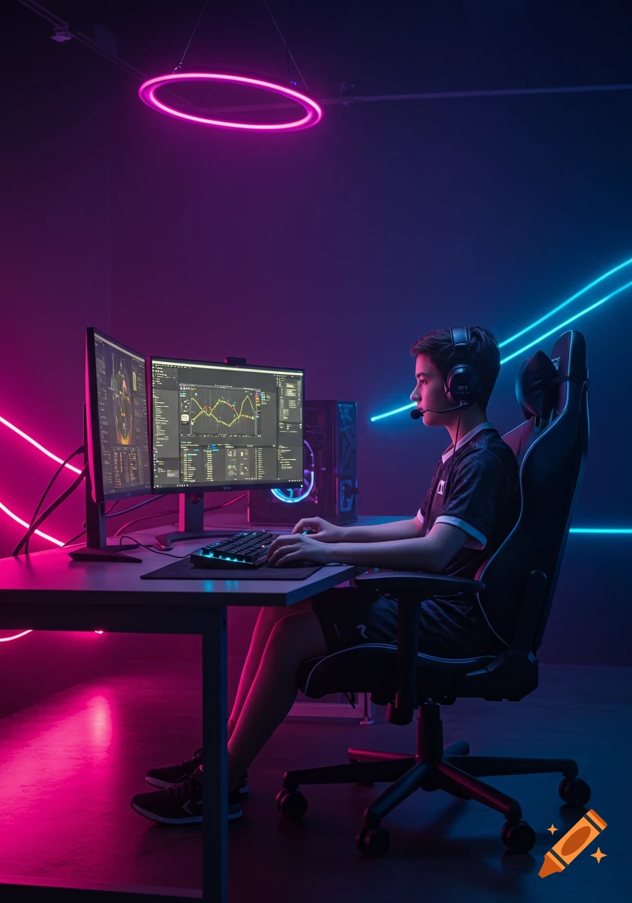 A young gamer sits at a desk with dual monitors and a mechanical keyboard, illuminated by vibrant pink and blue neon lights.