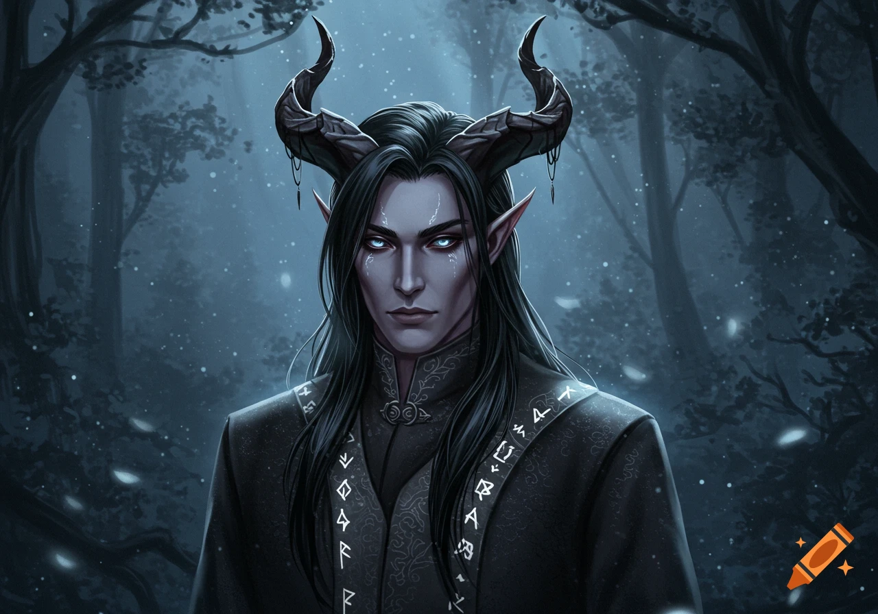 Digital painting of a dark elf-like man with large horns, glowing blue eyes, and black hair, wearing a dark robe with runes, in a misty forest.