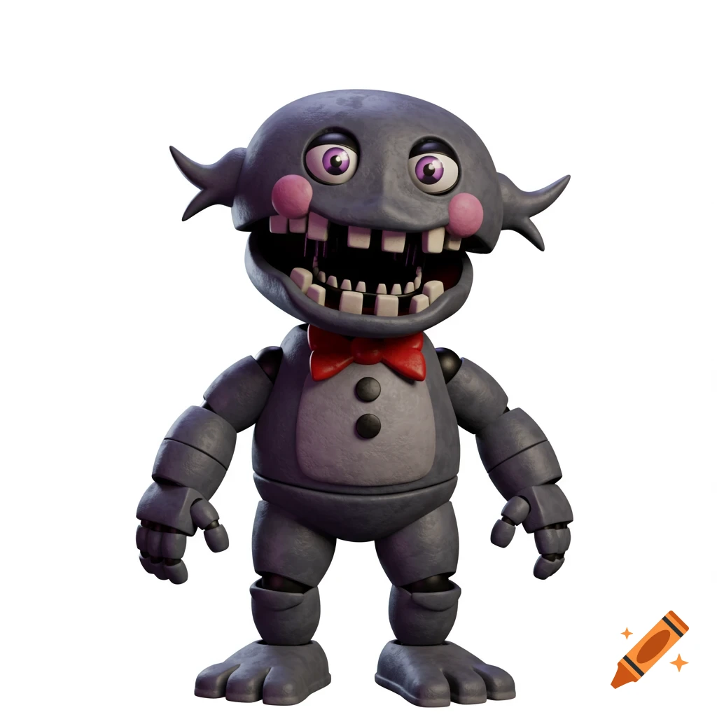 A full-body 3D render of a grey Phantump-like animatronic with a red bow tie, large eyes, and many white teeth, in the FNaF 2 style.