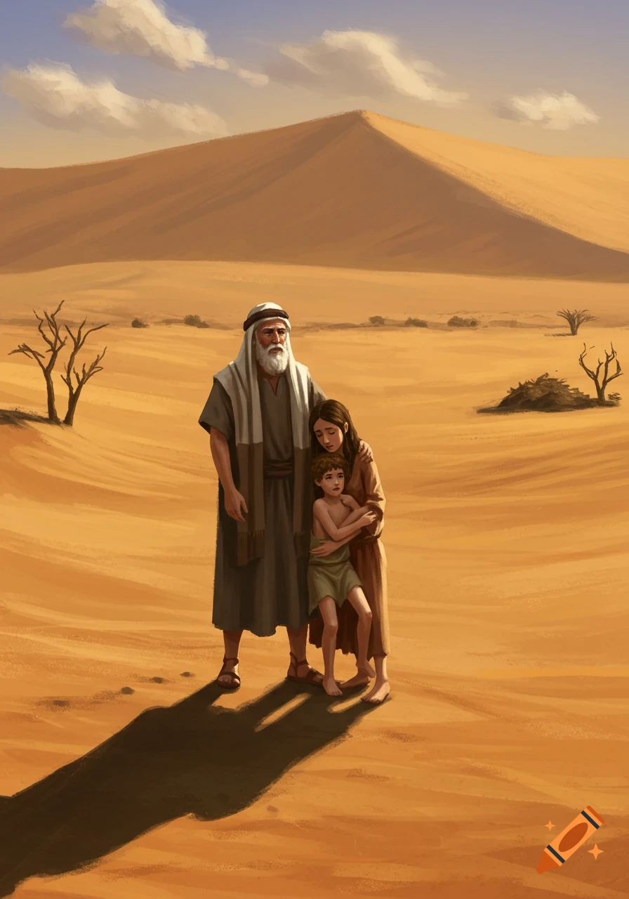 An illustration of an old man, a woman, and a young boy looking distressed in a vast, sunny desert landscape.