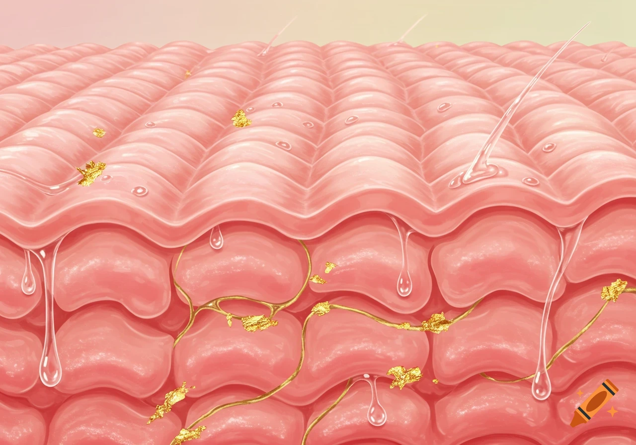 Close-up illustration of skin layers with hair follicles, gold flecks, and moisture droplets.