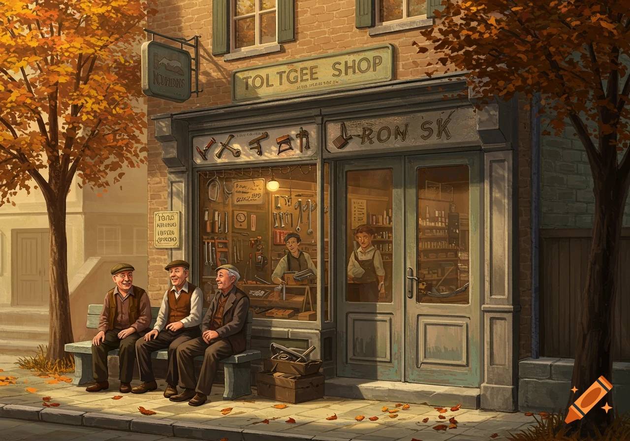 An illustration of an old-fashioned hardware store in autumn, with three old men sitting on a bench outside, and two younger men inside. Golden leaves fall from trees along the street.