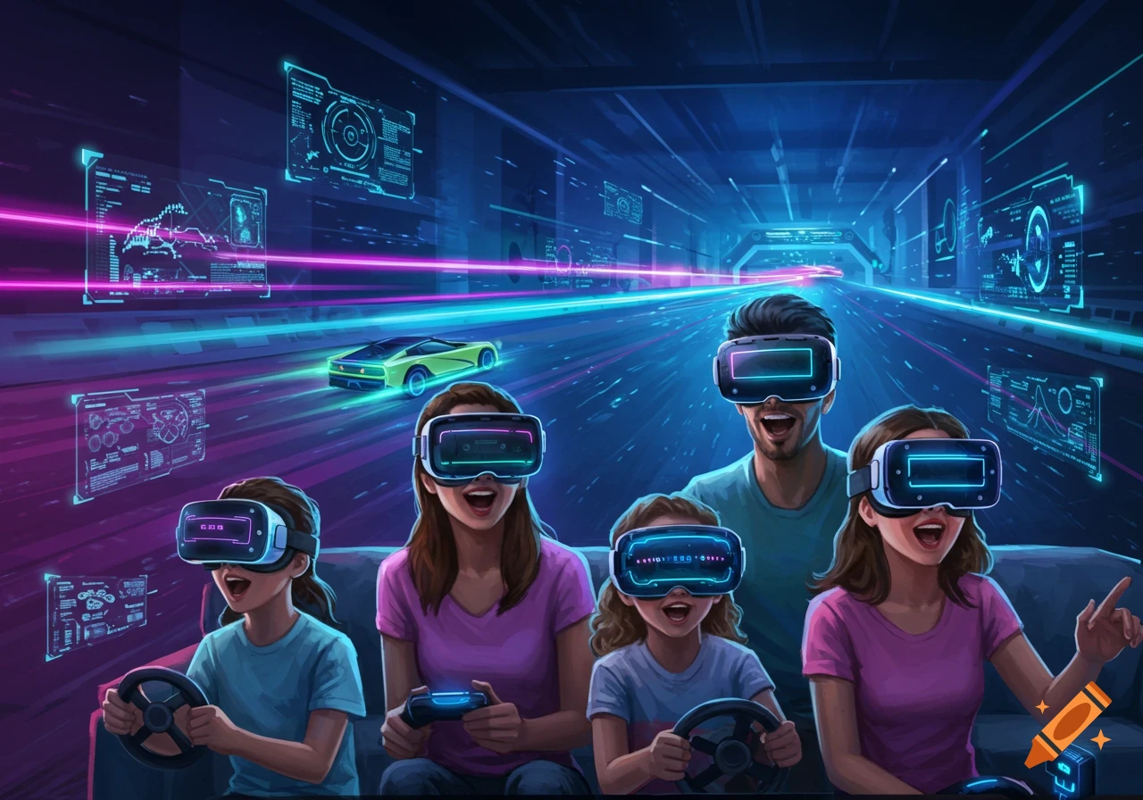 A family of four wearing VR headsets, playing a futuristic car racing game with holographic displays and neon lights.