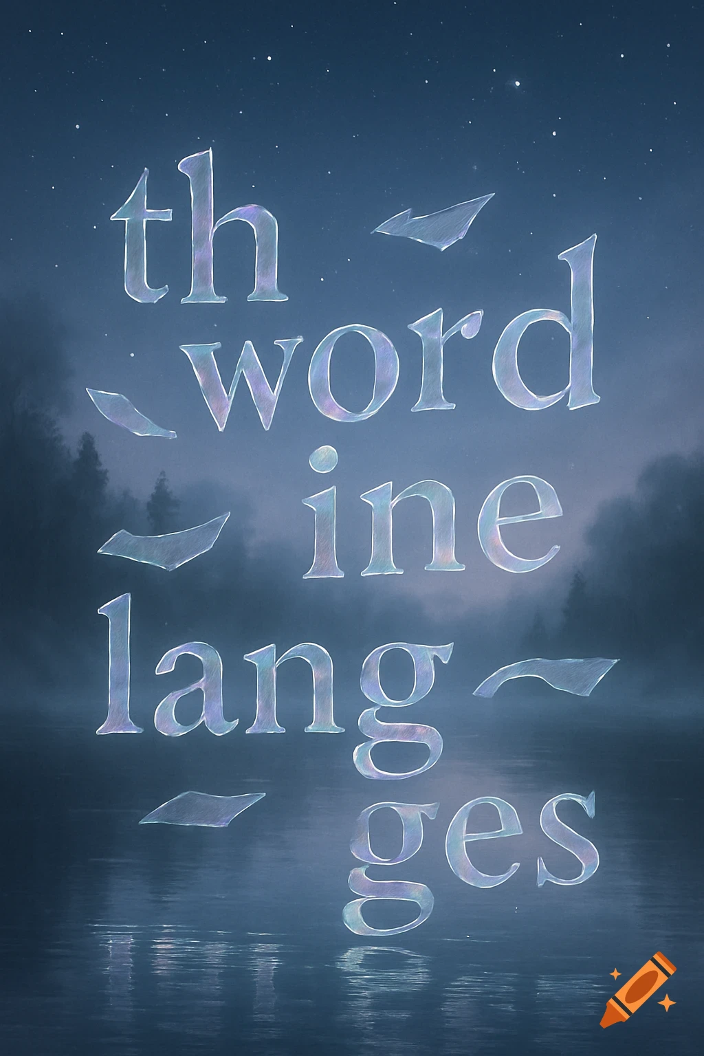 Iridescent, fragmented letters spelling "th word ine lang ges" floating over a misty lake with a dark forest under a starry night sky.