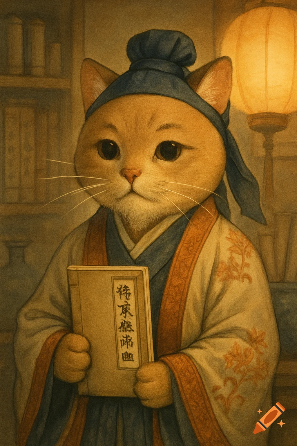 A whimsical illustration of a cat dressed in ancient Chinese scholarly attire, holding a book, with a lantern in the background.