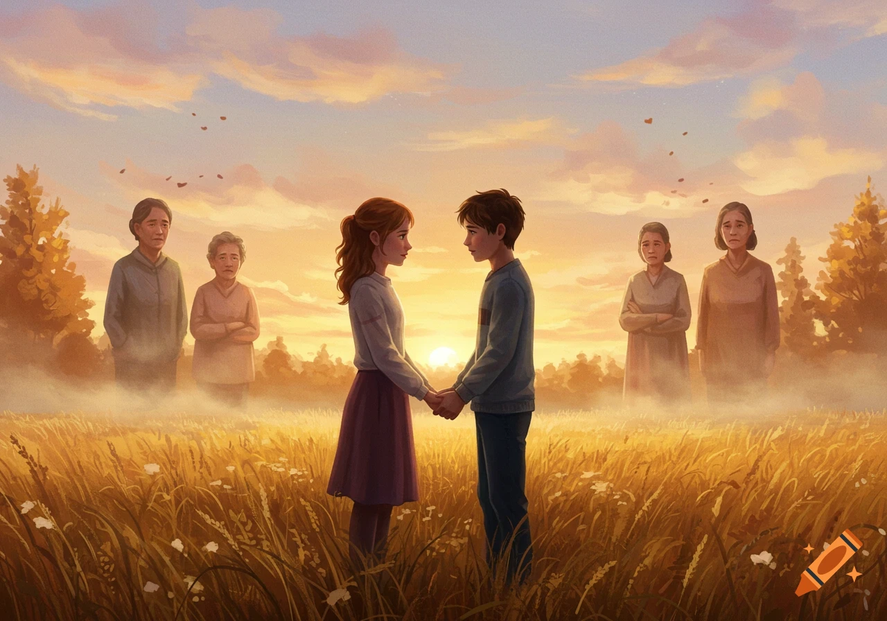 A young couple holds hands in a golden wheat field at sunset, looking at each other, with ethereal older figures in the background. Digital painting.