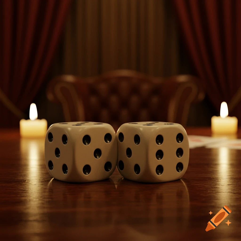 Two photorealistic beige dice with black pips rest on a polished wooden table, with candles and red curtains in the blurred background.