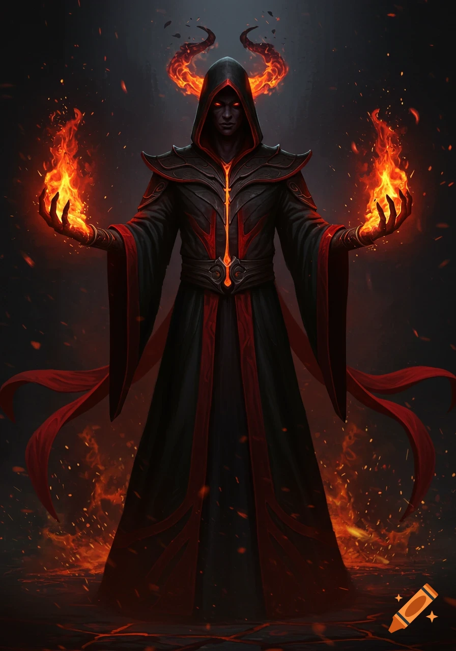 A menacing dark hooded figure with glowing red eyes and fiery horns, casting fire from its hands in a dark, fiery atmosphere.