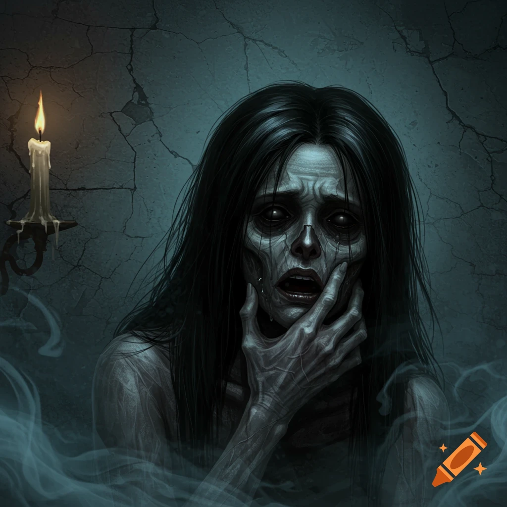A ghoulish woman with black eyes and long dark hair, her face in anguish, lit by a single candle in a dark, cracked room.