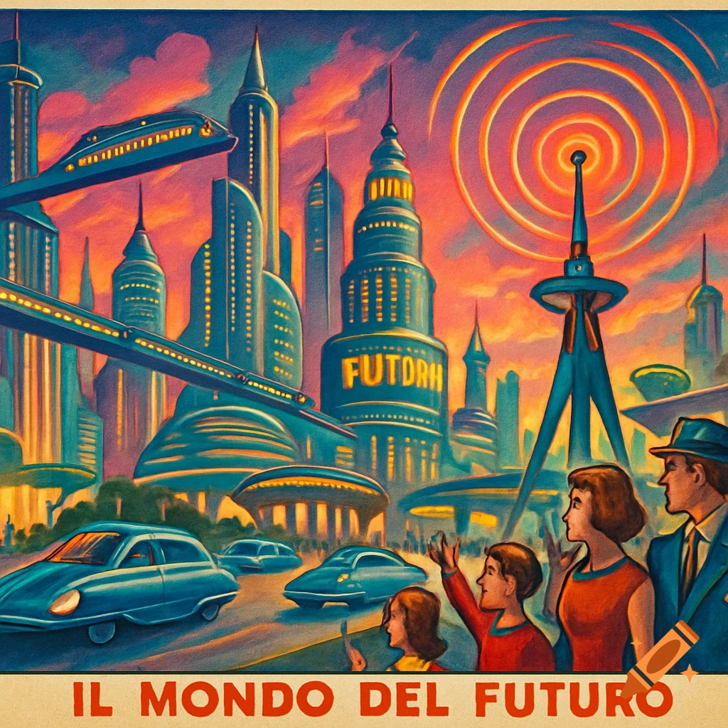 A retro-futuristic city with towering buildings, flying trains, and sleek cars. A family looks up at the cityscape, with text 'IL MONDO DEL FUTURO' at the bottom.