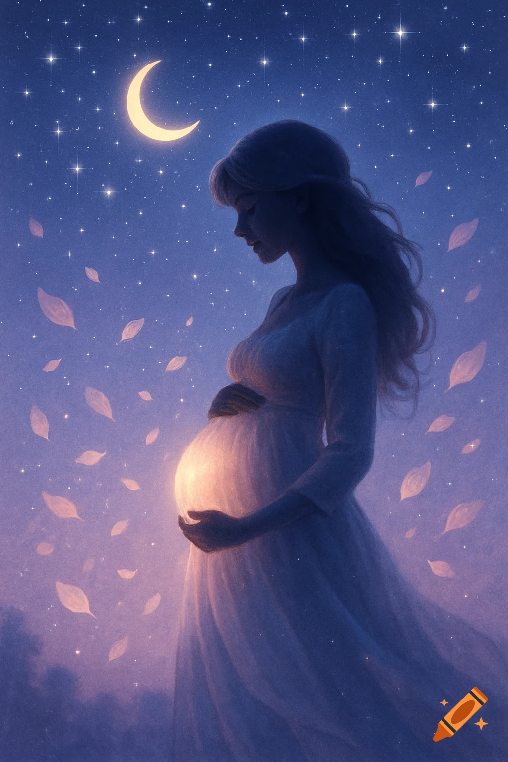 A pregnant woman, silhouetted against a starry night sky with a crescent moon, gently holds her glowing belly. Dreamlike illustration.