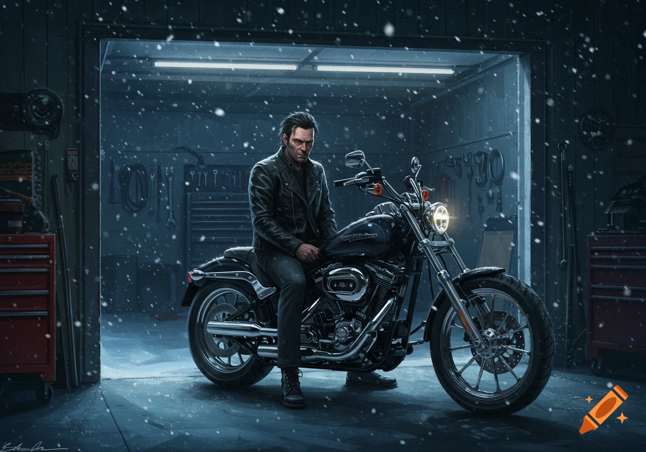 A man in a leather jacket sits on a black Harley-Davidson motorcycle inside a dimly lit garage while snow falls outside.