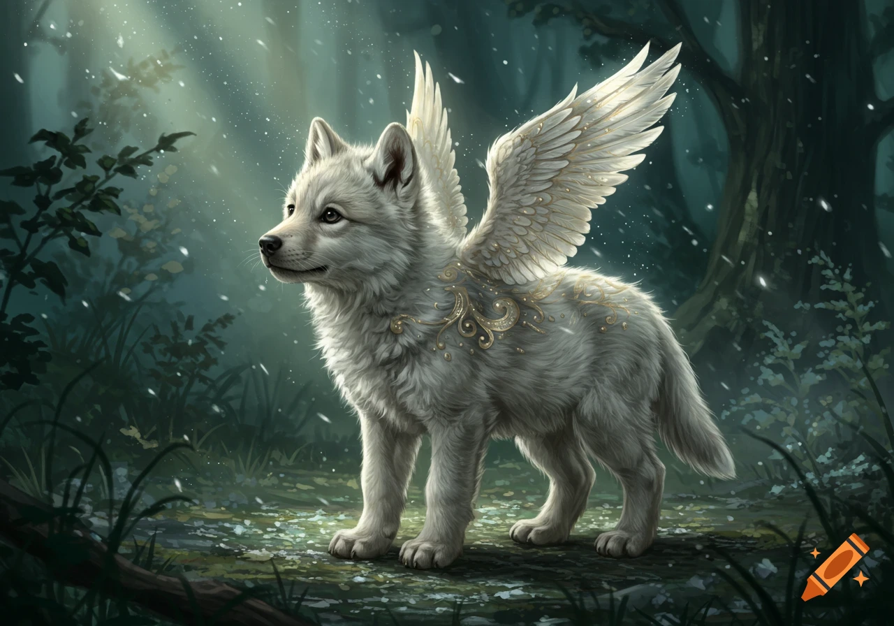 A white, winged wolf with golden markings stands in a snowy, magical forest with light rays.