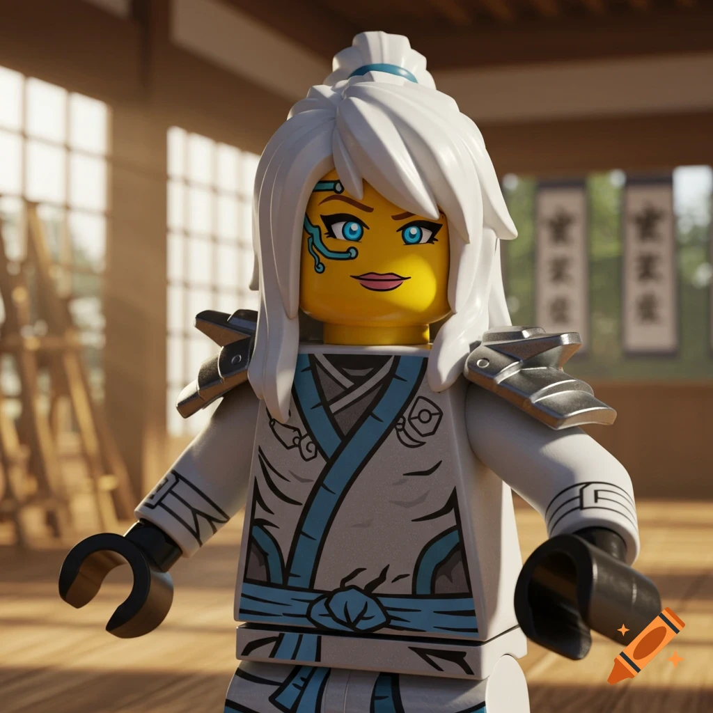 A female Lego Ninjago character, resembling Zane with white hair and blue markings, in a dojo.
