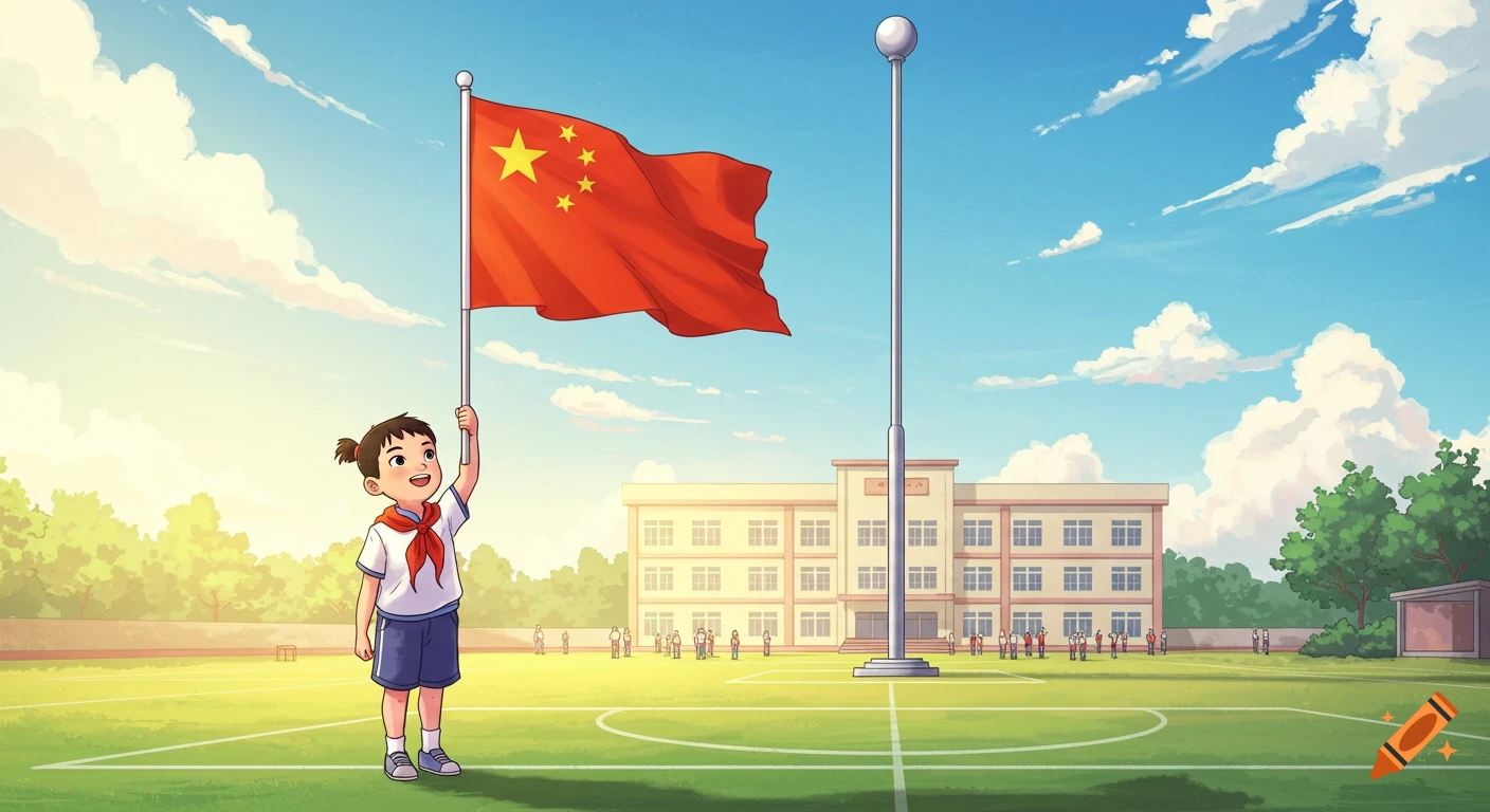 Cartoon illustration of a young Chinese elementary school student raising the national flag in a sunny schoolyard.