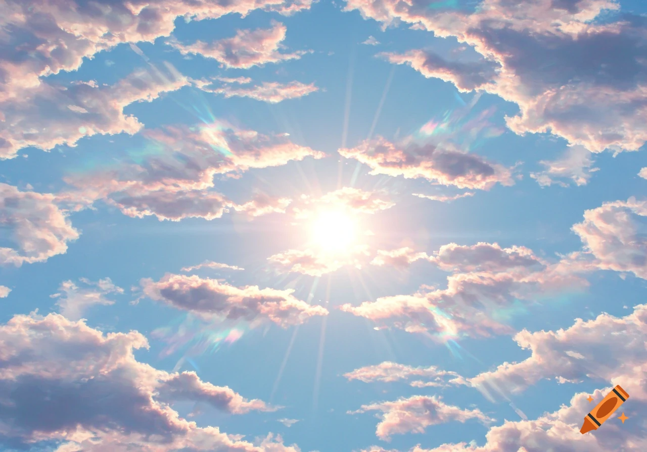 A bright sun shines from the center of a blue sky, surrounded by white and pink clouds arranged in a kaleidoscopic pattern with rainbow lens flares.
