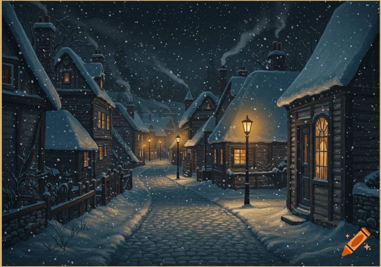 A snowy Victorian village street at night, with illuminated houses and lampposts, in the style of an old illustration.
