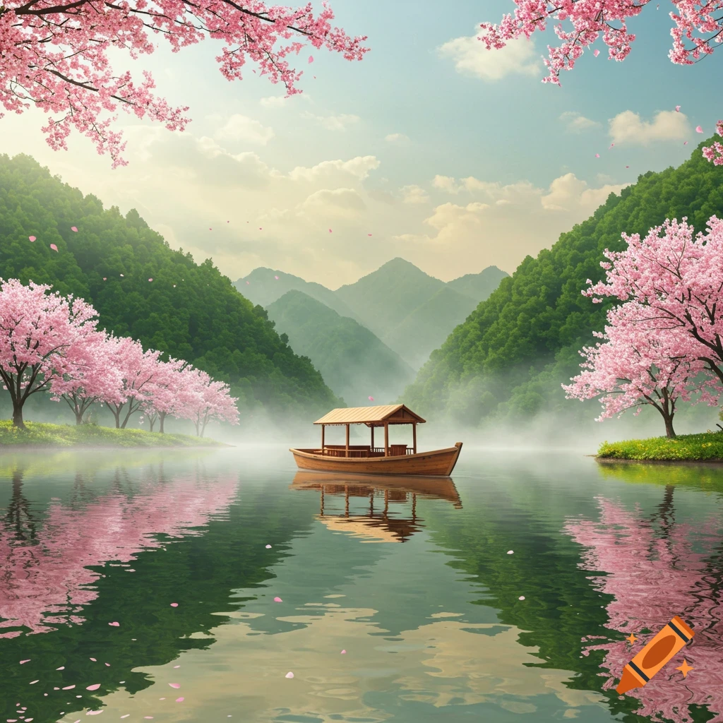 A traditional wooden boat floats on a misty lake, surrounded by ...