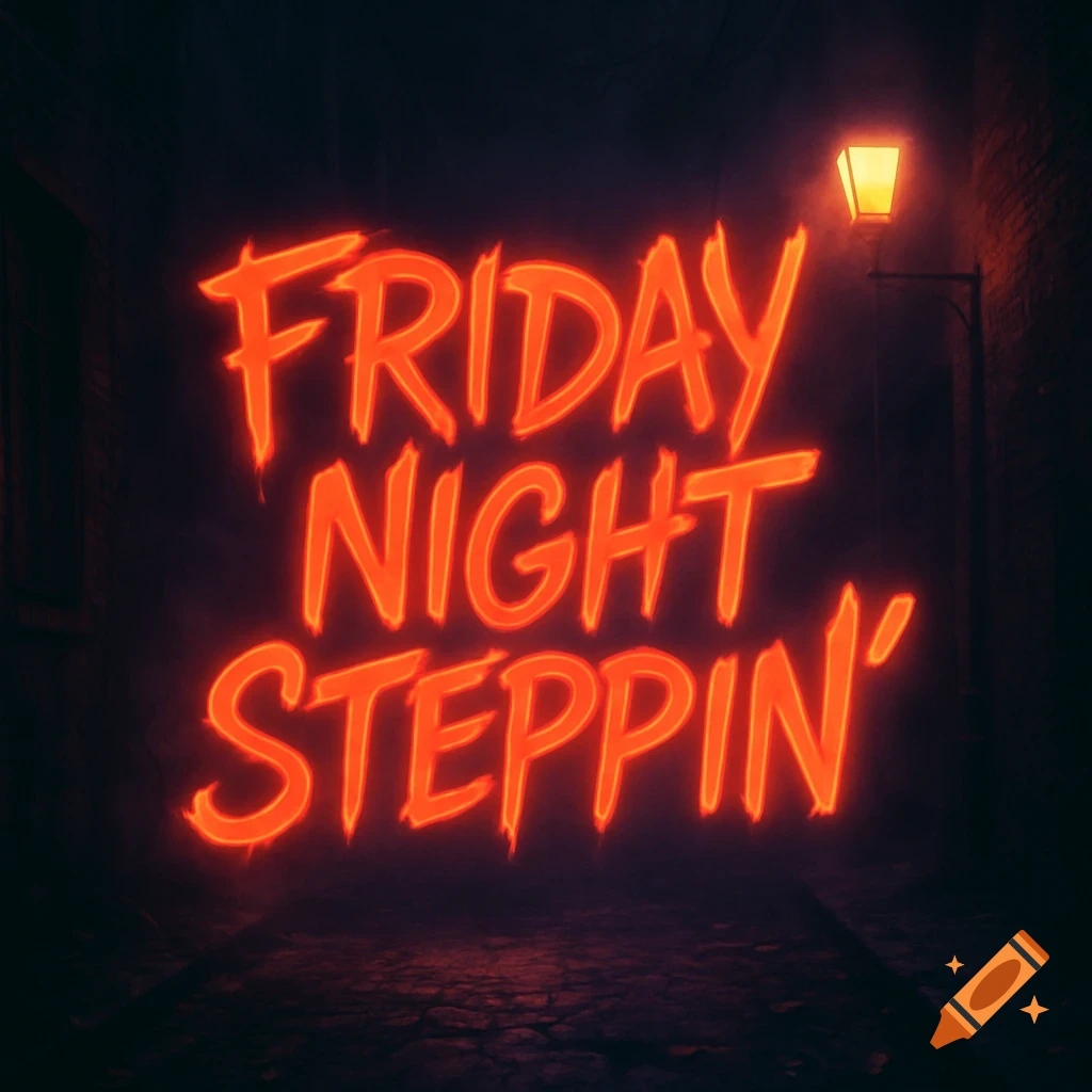 Neon sign glowing orange with 'Friday Night Steppin'' in a dark, atmospheric alley with a street lamp.