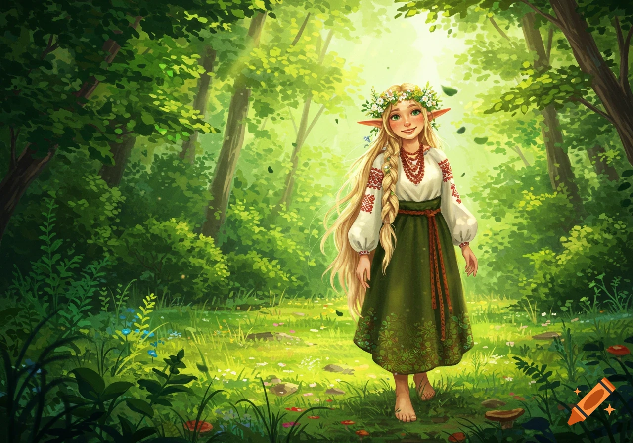 A smiling, long-haired elf-like girl in a flower crown and traditional embroidered clothes walks barefoot through a sunlit, green forest in a digital art style.