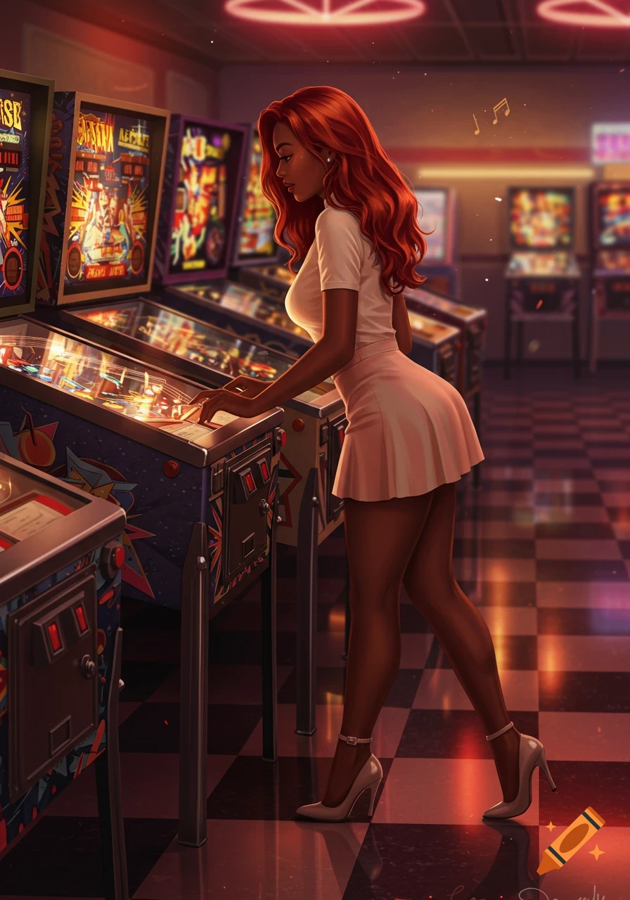 Digital art illustration of a woman with red hair playing pinball in a retro arcade hall.