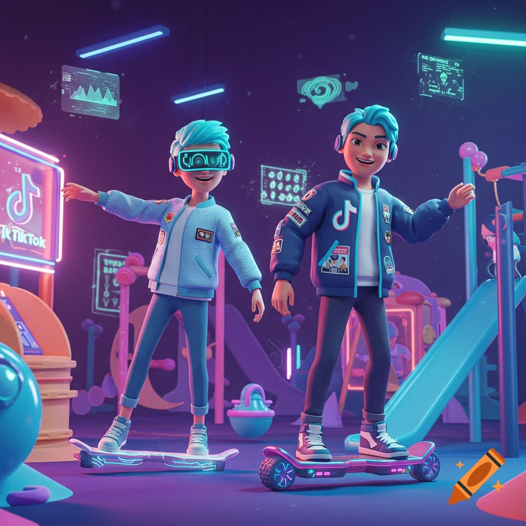 Two cartoon boys in a neon-lit futuristic playground, one wearing a VR headset, riding glowing hoverboards.