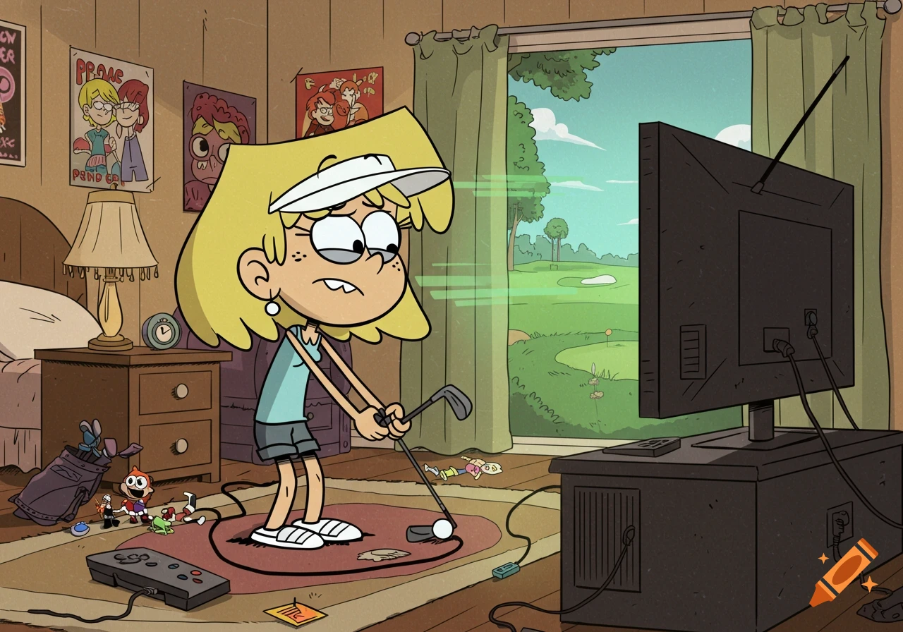 Lori Loud from The Loud House plays a golf video game in her bedroom, a golf course visible on the TV screen.
