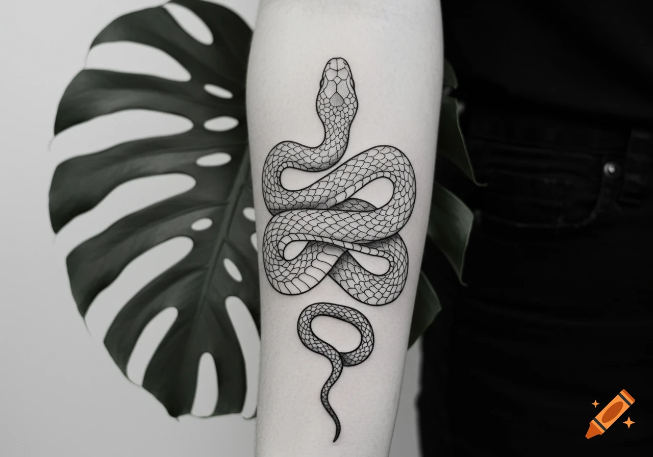 Black and white line art snake tattoo on a forearm, with a monstera leaf in the background.