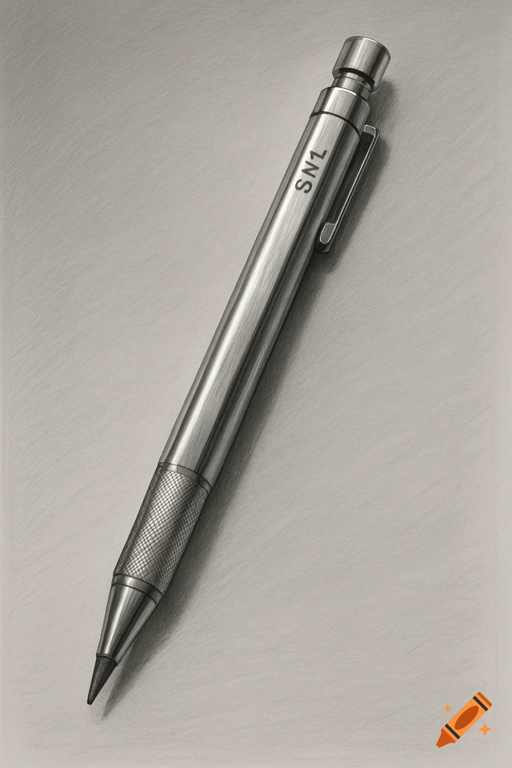 A detailed monochrome graphite pencil drawing of a shiny metallic mechanical pencil with a textured grip.