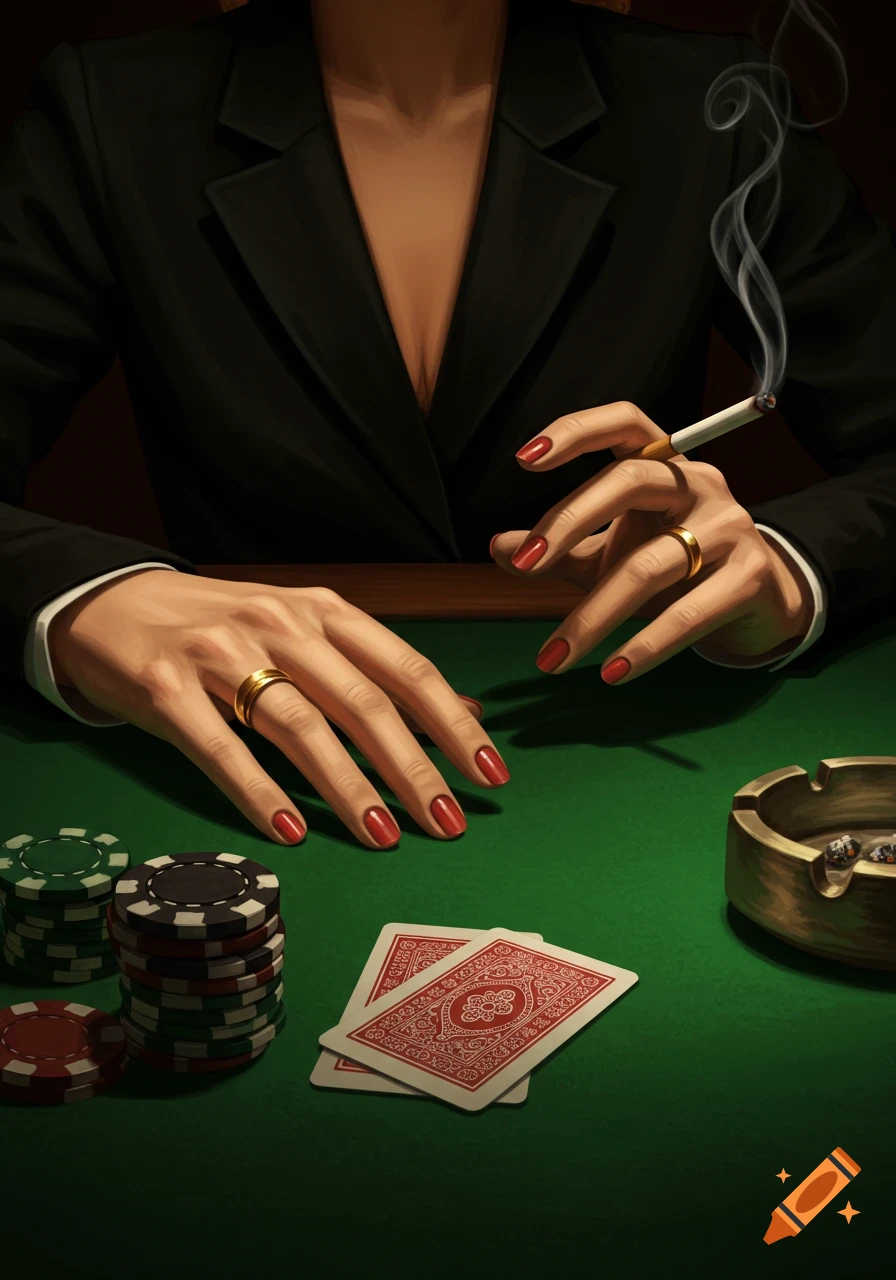 Illustration of a woman's hands with red nails and gold rings at a green poker table, holding a cigarette, with chips and cards.