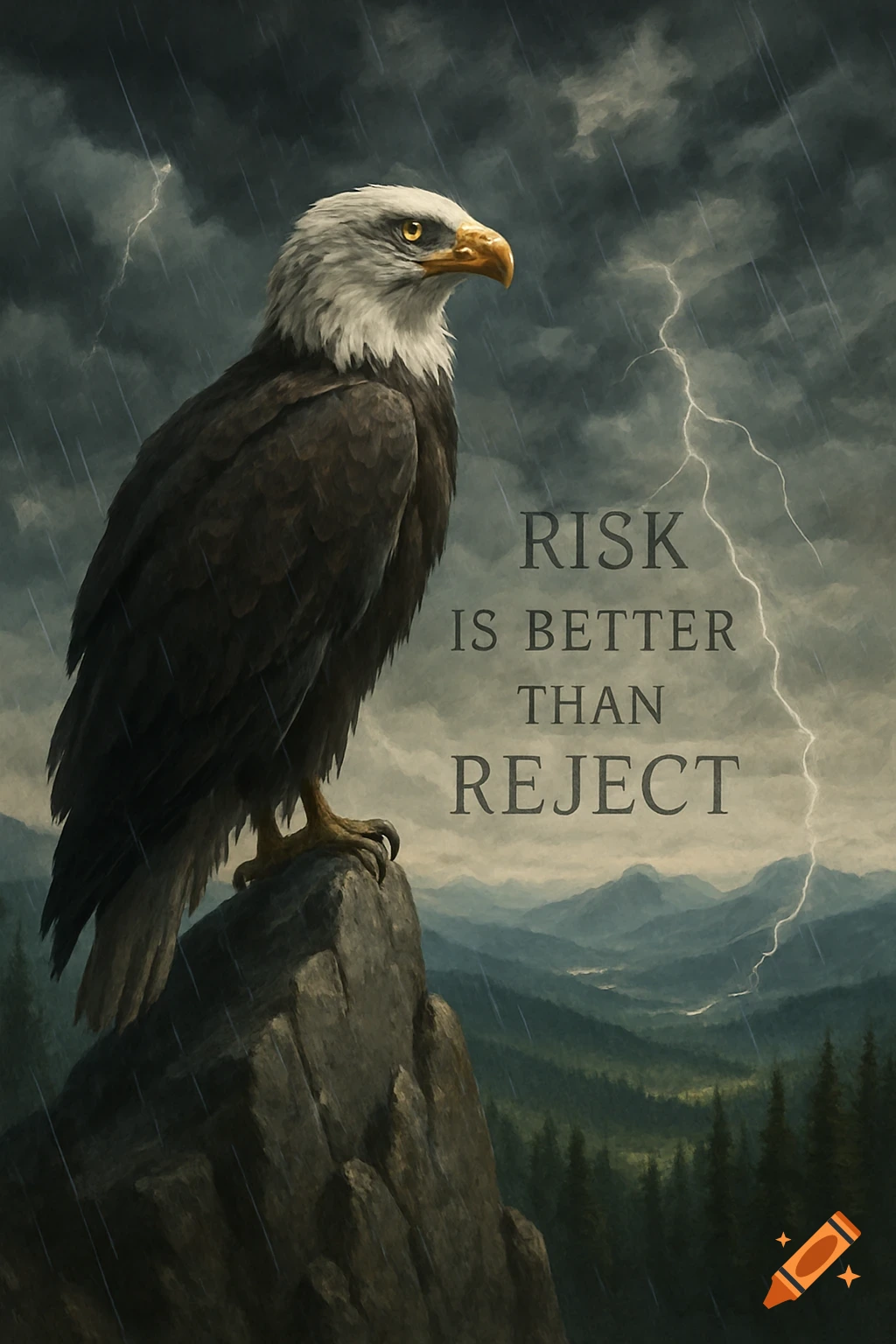 A majestic bald eagle on a rocky peak in a stormy, rainy mountain landscape with lightning. Text reads 'RISK IS BETTER THAN REJECT'.